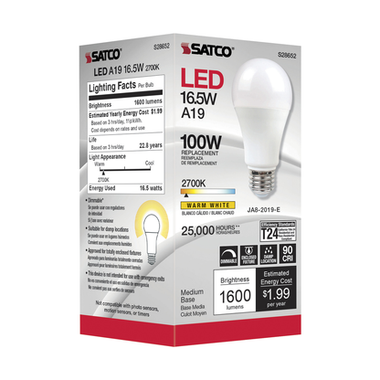 16.5 Watt; A19 LED; 90CRI; 2700K; Medium base; 220 deg. Beam Angle; 120 Volt; 1600 Lumens; CEC