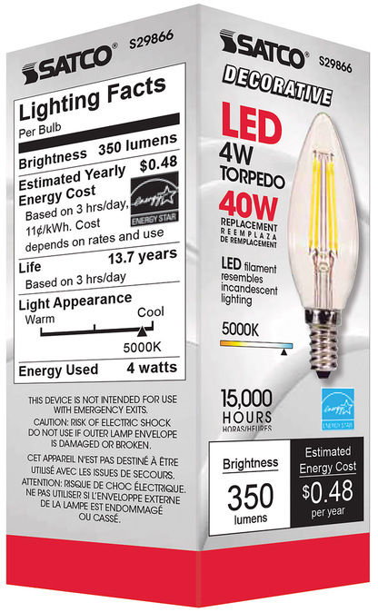 4 Watt B11 LED; Clear; Candelabra base; 5000K; 350 Lumens; 120 Volt