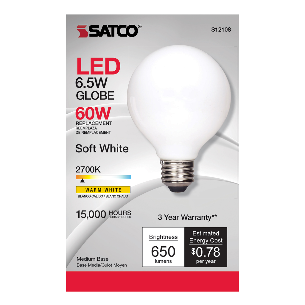 6.5 Watt G25 LED; Soft White; Medium base; 2700K; 650 Lumens; 120 Volt