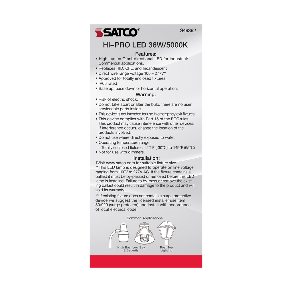 36 Watt LED HID Replacement; 80 CRI; 5000K; Type B; Ballast Bypass; Medium base; Economy Hi-Pro
