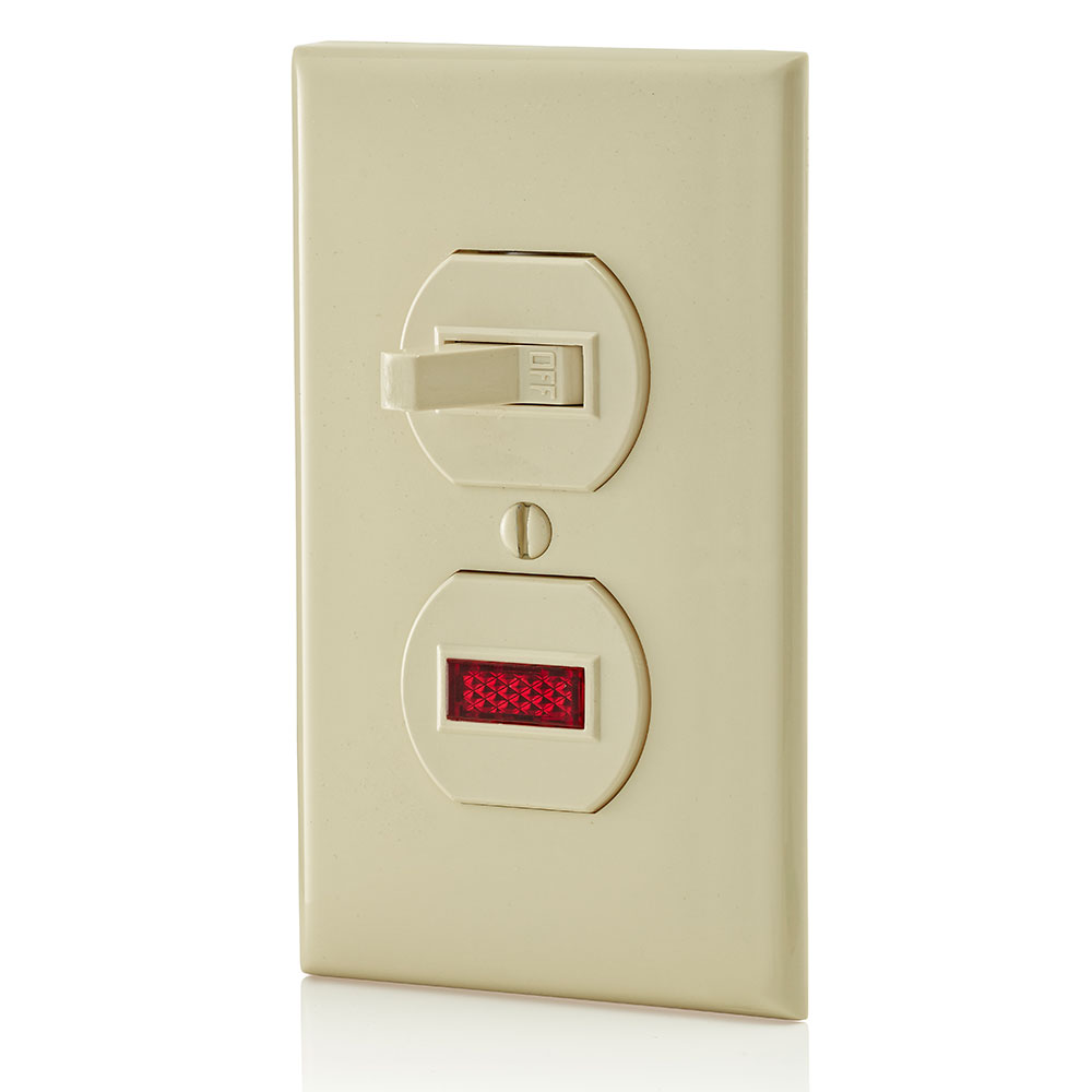 15 Amp, 120 Volt, Duplex Style Single-Pole / Neon Pilot AC Combination Switch, Commercial Grade, Non-Grounding, Side Wired , Ivory