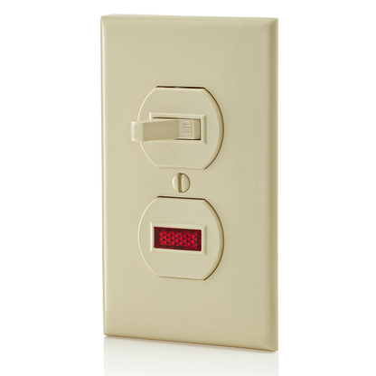 15 Amp, 120 Volt, Duplex Style Single-Pole / Neon Pilot AC Combination Switch, Commercial Grade, Non-Grounding, Side Wired , Ivory