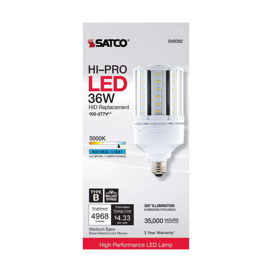 36 Watt LED HID Replacement; 80 CRI; 5000K; Type B; Ballast Bypass; Medium base; Economy Hi-Pro