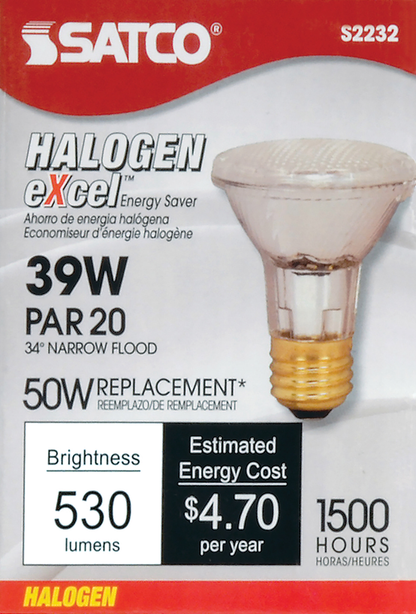 39 Watt; Halogen; PAR20; Clear; 1500 Average rated hours; 530 Lumens; Medium base; 120 Volt