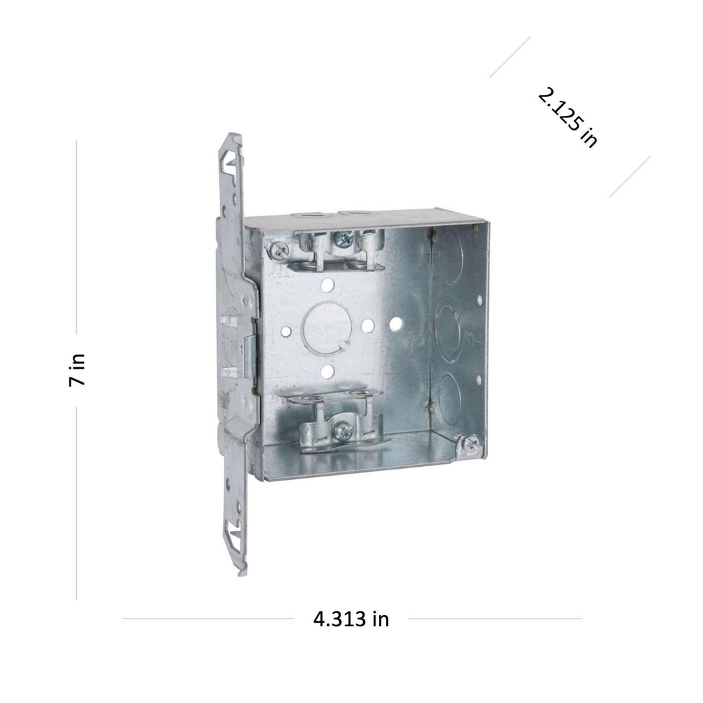 4 in. Square Box, Welded, 2-1/8 in. Deep with AC/MC/Flex Clamps, Three 1/2 in. KO's and One TKO, TS Bracket, Flush