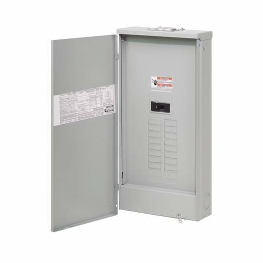 BR style 1-inch loadcenter, main circuit breaker, no feed-thru lugs, 200A, single-phase, 40-pole, 40 circuits, 20 spaces, 120/240V, #2/0-300 kcmil Cu/Al at 60°C or 75°C wire, NEMA 3R enclosure, d1r box size