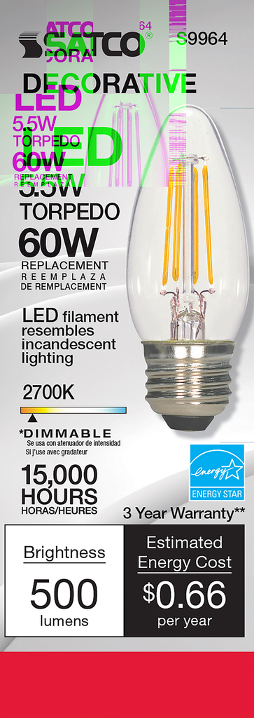 5.5 Watt B11 LED; Clear; Medium base; 2700K; 500 Lumens; 120 Volt