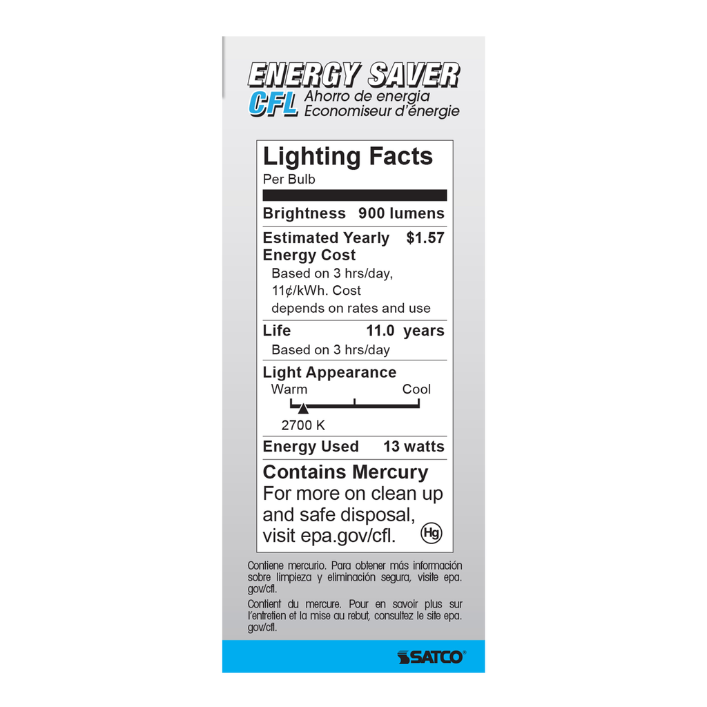 13 Watt; Mini Spiral Compact Fluorescent; 2700K; 82 CRI; Medium base; 120 Volt