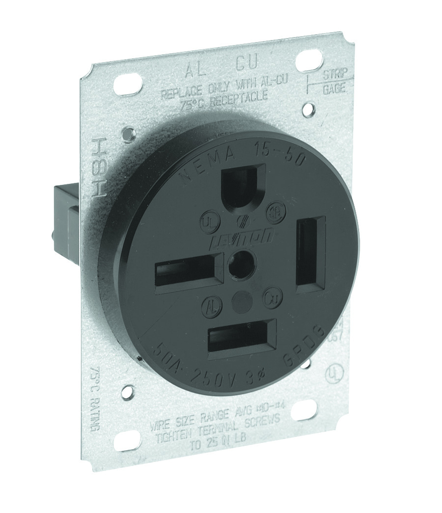 50 Amp, 250 Volt, Flush Mount Receptacle, Straight Blade, Industrial Grade