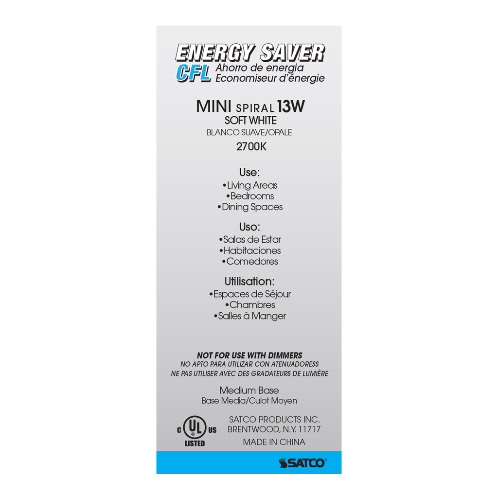 13 Watt; Mini Spiral Compact Fluorescent; 2700K; 82 CRI; Medium base; 120 Volt