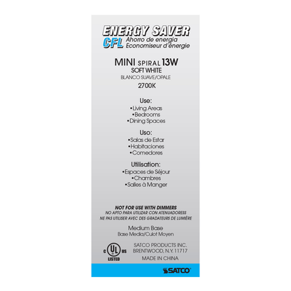 13 Watt; Mini Spiral Compact Fluorescent; 2700K; 82 CRI; Medium base; 120 Volt