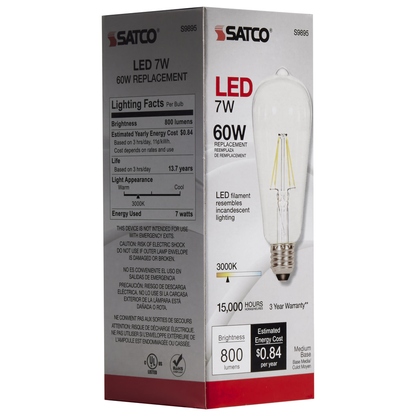7 Watt ST19 LED; Clear; Medium base; 3000K; 800 Lumens; 120 Volt