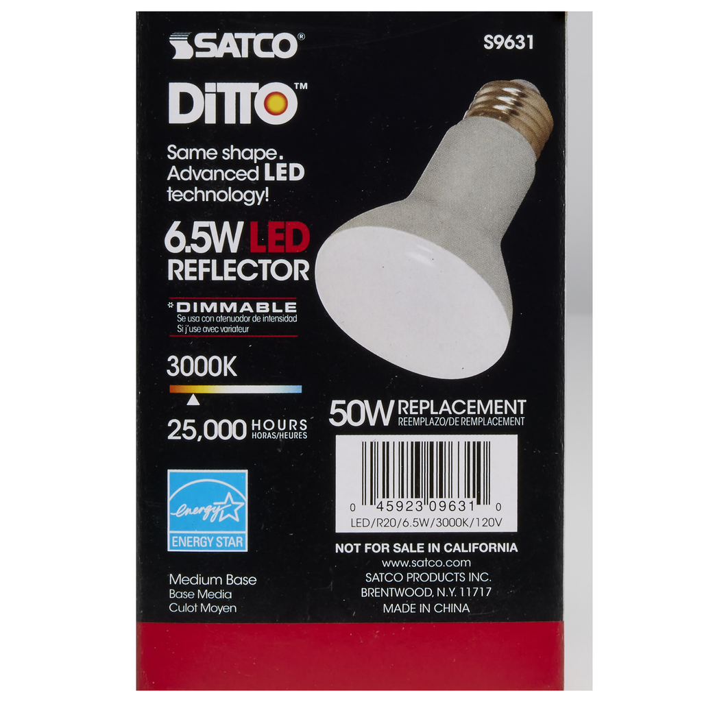 6.5 Watt; LED R20; 3000K; 107 deg. Beam Angle; Medium base; 120 Volt; Dimmable