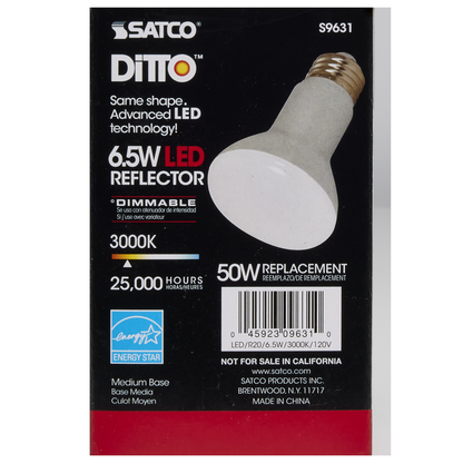 6.5 Watt; LED R20; 3000K; 107 deg. Beam Angle; Medium base; 120 Volt; Dimmable