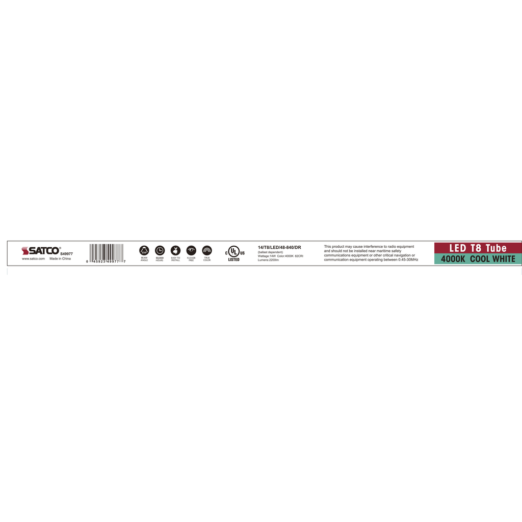 14 Watt; 4 Foot LED T8; Medium Bi Pin base; 4000K; 50000 Average rated hours; 2200 Lumens; Type A; Ballast dependent