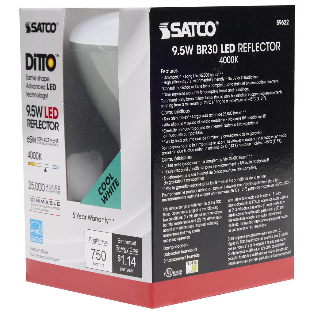 9.5 Watt; BR30 LED; 105 deg. Beam Angle; 4000K; Medium base; 120 Volt; Dimmable