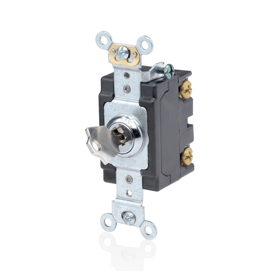 20 Amp, 120/277 Volt, Key Locking Single-Pole AC Quiet Switch, Extra Heavy Duty Spec Grade, Self Grounding, Back & Side Wired