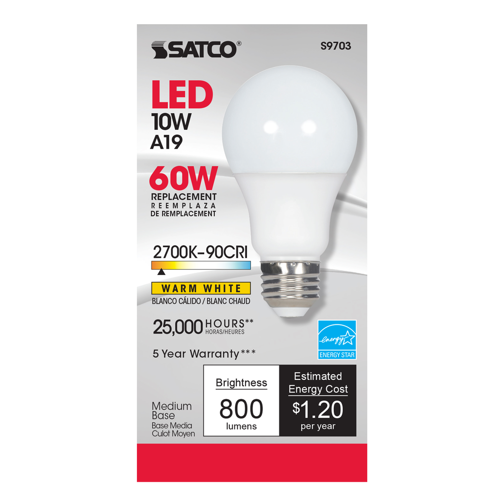 10 Watt; A19 LED; 2700K; Medium base; 220 deg. Beam Angle; 90CRI; 120 Volt