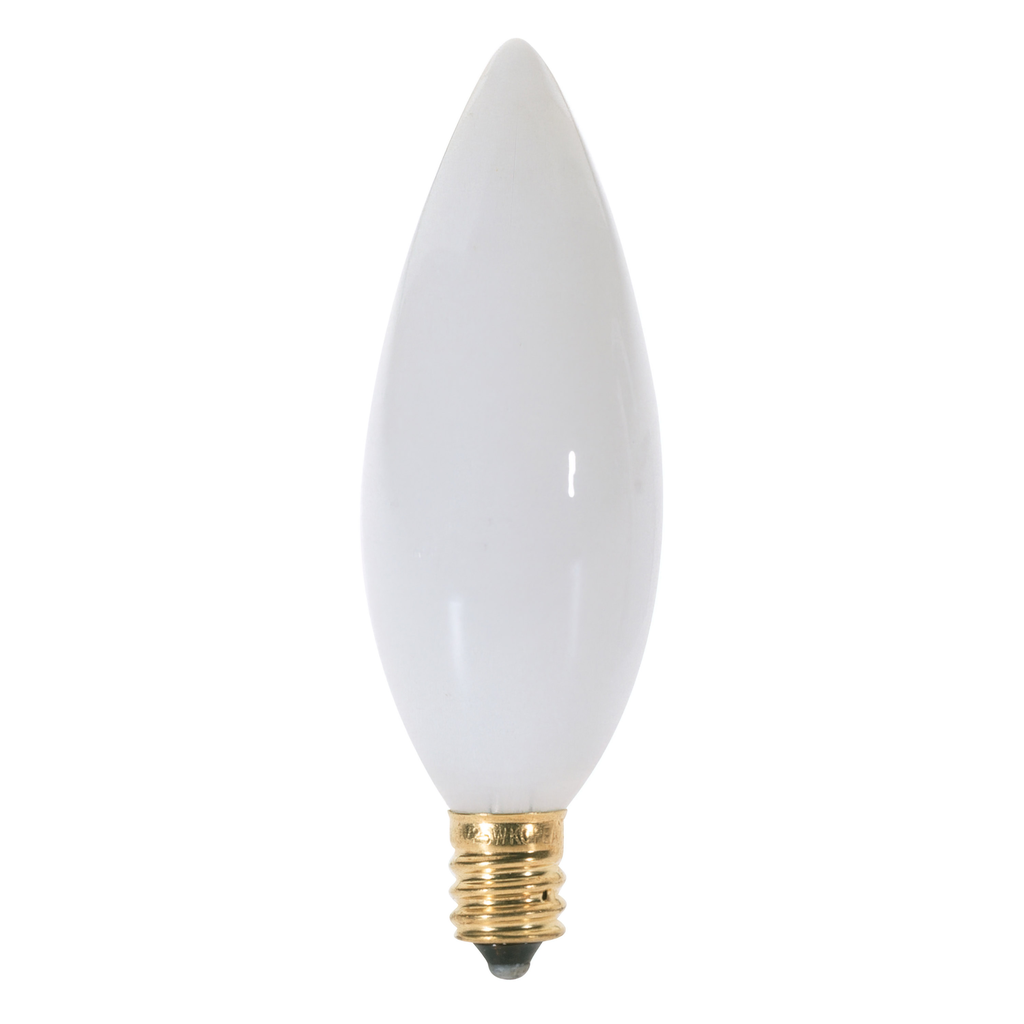 40 Watt BA9 1/2 Incandescent; White; 1500 Average rated hours; 328 Lumens; Candelabra base; 120 Volt