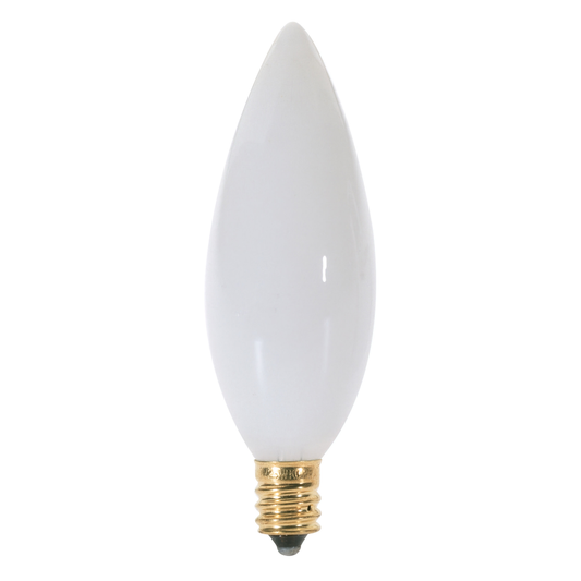 40 Watt BA9 1/2 Incandescent; White; 1500 Average rated hours; 328 Lumens; Candelabra base; 120 Volt
