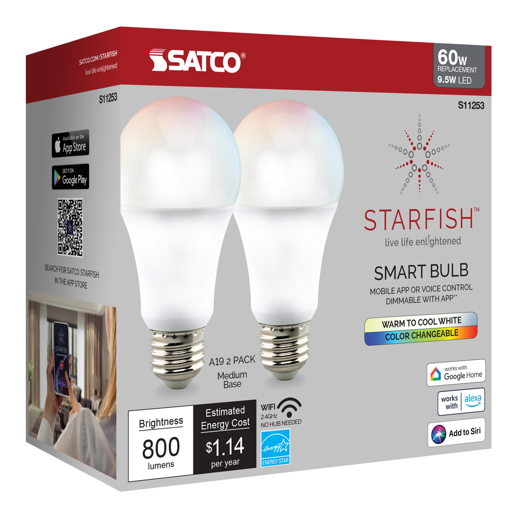 9.5 Watt; A19 LED; RGB & Tunable White; Starfish IOT; 120 Volt; 800 Lumens; 2-pack
