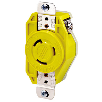 20 Amp, 125 Volt, NEMA L5-20R, 2P, 3W, Flush Mtg Locking Receptacle, Industrial Grade, Grounding, Corrosion-Resistant - YELLOW