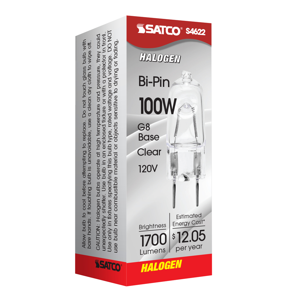 100 Watt; Halogen; T4; Clear; 2000 Average rated hours; 1700 Lumens; Bi Pin G8 base; 120 Volt