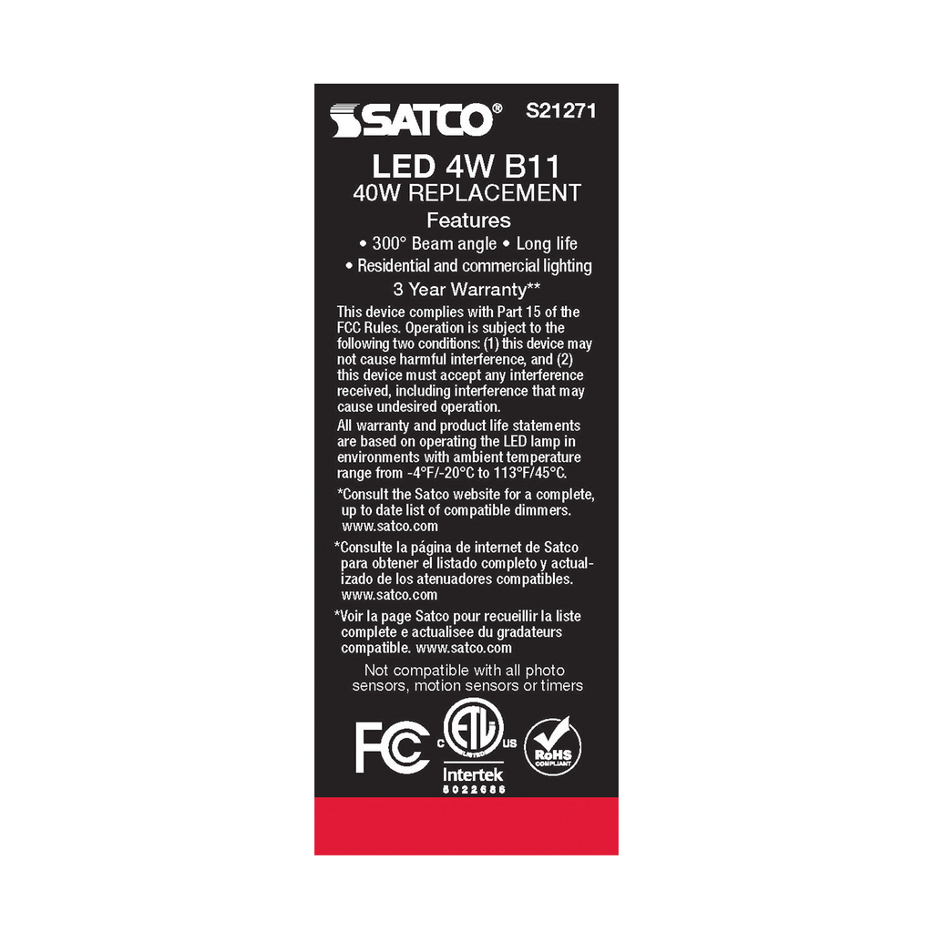 4 Watt B11 LED; Frost; Candelabra base; 90 CRI; 4000K; 120 Volt