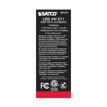 4 Watt B11 LED; Frost; Candelabra base; 90 CRI; 4000K; 120 Volt