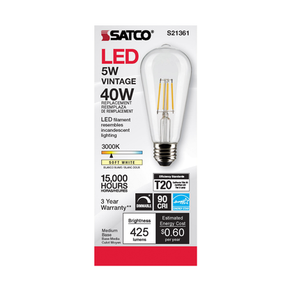 5 Watt ST19 LED; Clear; Medium base; 90 CRI; 3000K; 120 Volt