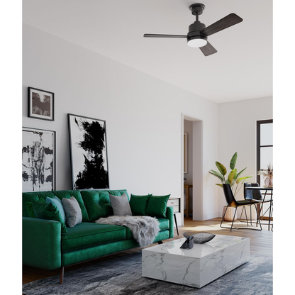 Black-finished ceiling fan with white opal shade.