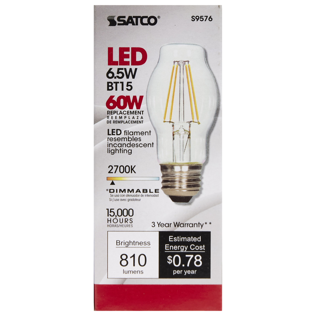 6.5 Watt BT15 LED; Clear; Medium base; 2700K; 810 Lumens; 120 Volt