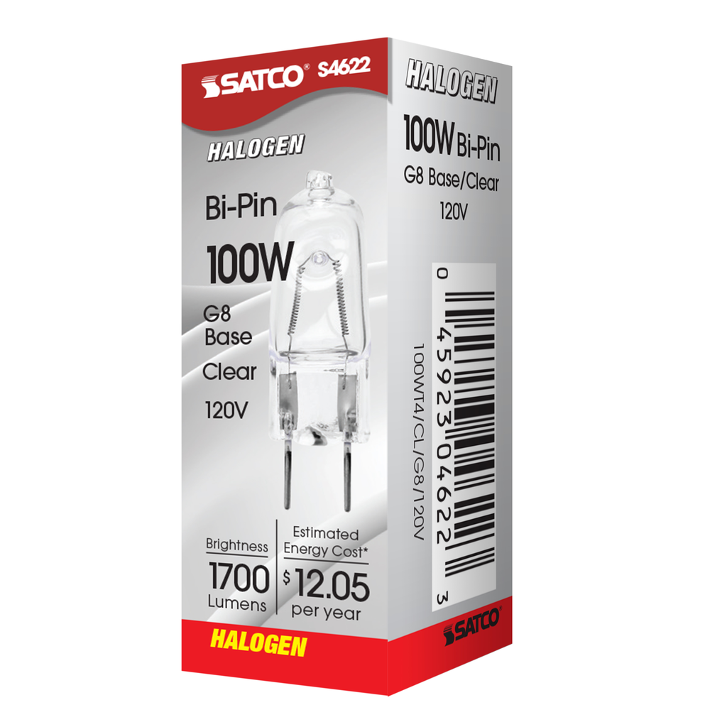 100 Watt; Halogen; T4; Clear; 2000 Average rated hours; 1700 Lumens; Bi Pin G8 base; 120 Volt