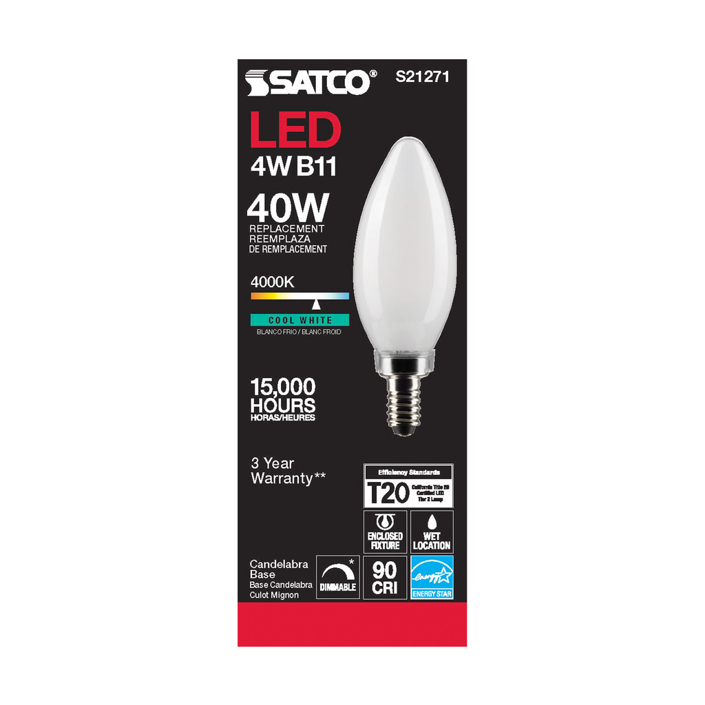 4 Watt B11 LED; Frost; Candelabra base; 90 CRI; 4000K; 120 Volt