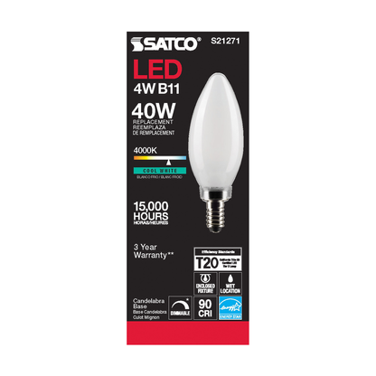 4 Watt B11 LED; Frost; Candelabra base; 90 CRI; 4000K; 120 Volt