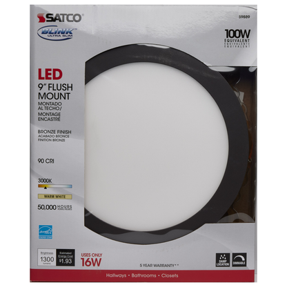 16 watt; 9" Flush Mount LED Fixture; 3000K; Bronze finish; 120/277 volts
