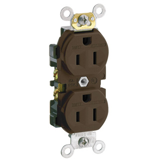 15 Amp, 125 Volt, NEMA 5-15R, 2P, 3W, Narrow Body Duplex Receptacle, Straight Blade, Commercial Grade, Self Grounding, Tamper-Resistant, Side Wired, Steel Strap - BROWN