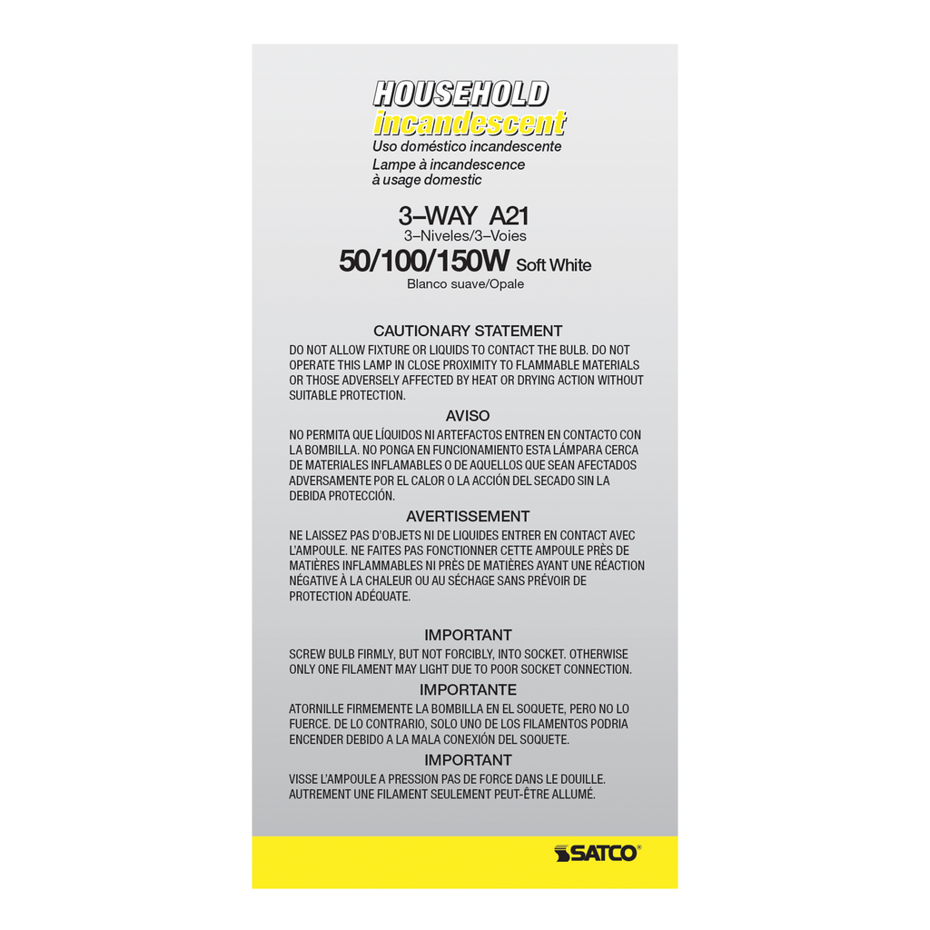 50/100/150 Watt A21 Incandescent; White; 2500 Average rated hours; Medium base; 120 Volt