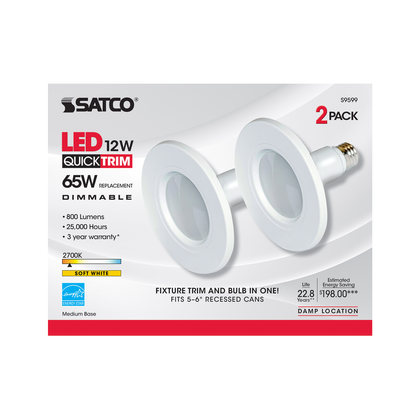 12 watt; Downlight Retrofit LED; 5''-6'' Trim; 2700K; Medium base; 120 volts; 110 deg. beam spread; 2-pack; Expandable Height