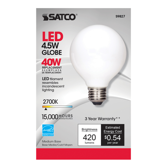 4 Watt G25 LED; Soft white finish; Medium base; 2700K; 350 Lumens; 120 Volt