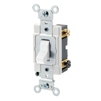 20 Amp, 120/277 Volt, Toggle  3-Way AC Quiet Switch,  Commercial Spec Grade, Grounding, Back & Side Wired, - White