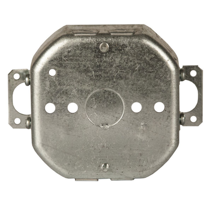 4 in. Octagon Box, Drawn, 1-1/2 in. Deep, Three 1/2 in. KO's & NMSC Clamps, Plaster Ears
