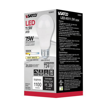 11.5 Watt; A19 LED; 90CRI; 3000K; Medium base; 220 deg. Beam Angle; 120 Volt; 1100 Lumens; CEC