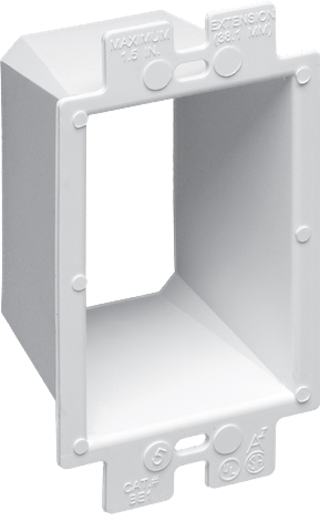 Box Extender, levels and supports the wiring device where the box is set back from the wall surface extends the box up to an 1-1/2. 2 hour fire rating. Comes with two #6 x 2 screws.