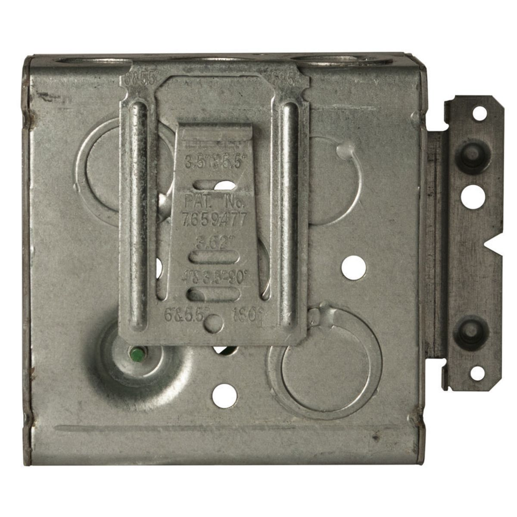 4 in. Square Box, Welded, 2-1/8 in. Deep, Ten 1/2 in. KO's and Six TKO's, Raised Ground, 8 in. #12 Solid Copper Pigtail, UBS, HM Bracket