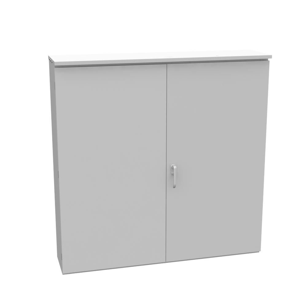 60x13x60 Hinge Cover Type 3R Steel No Knockouts ANSI 61 Gray Double Doors Padlocking 3 Point Handle Back Panel Weld Studs Drip Shield No Center Post