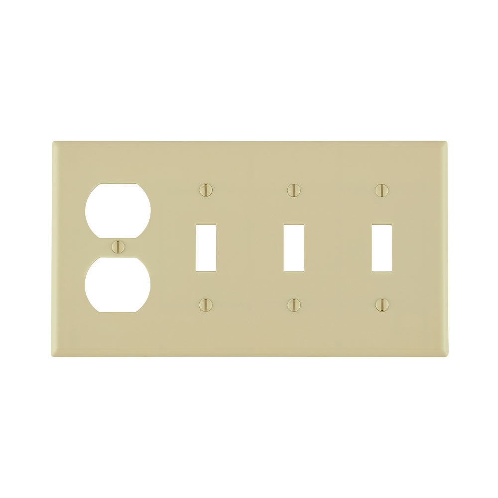 4-Gang Combination Wallplate, 3-Toggle and 1-Duplex Outlet/Receptacle, Standard Size, Ivory