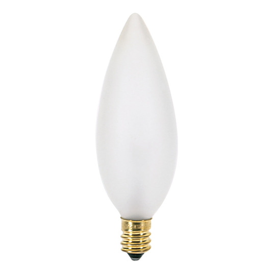 25 Watt BA9 1/2 Incandescent; Frost; 1500 Average rated hours; 212 Lumens; Candelabra base; 120 Volt