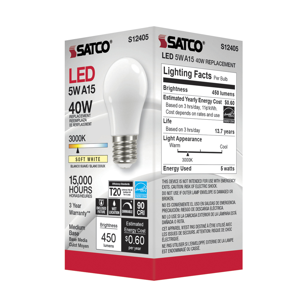 5 Watt LED A15; Soft White; 3000K; Medium base; 90 CRI; 120 Volt