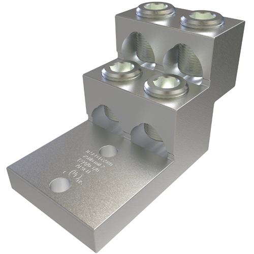 Aluminum Panelboard Lug, Multi Wire, Dual Rated, Conductor Range 750-2, 4 Ports, 2 Holes, 3/8in Bolt Size, 1-3/8in Hole Spacing, Tin Plated, UL, CSA